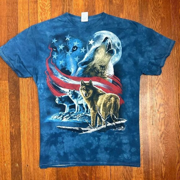 Liquid Blue Tie Dye Wolf American Flag Short Sleeve Graphic Tee Size Lar… - Picture 1 of 9